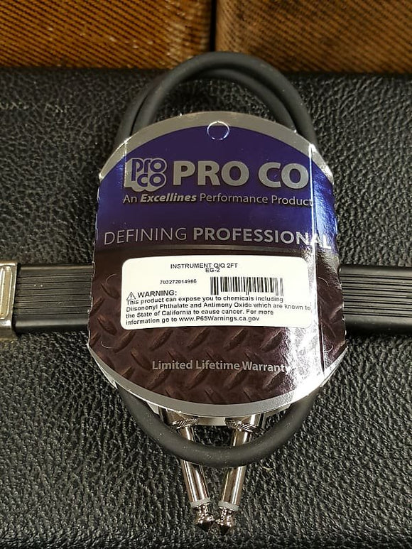 Pro Co EG-2 Patch Cable *2 Ft 1/4-1/4 Straight to Straight *Free Shipping in the USA*