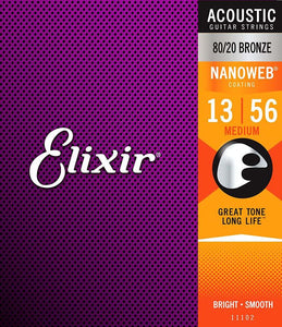 Elixir 11102 80/20 Bronze Acoustic Guitar Strings Medium Nanoweb Coating  (.013 - .056)