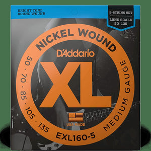 D'Addario EXL160-5 Nickel Wound Long Scale 5-String Bass Guitar Strings, Medium Gauge