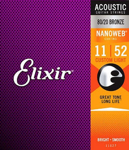 Elixir 11027 Nanoweb 80/20 Bronze Acoustic Guitar Strings - Custom Light (11-52)