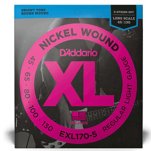 D'Addario EXL170-5 Nickel Wound Long Scale Bass Guitar Strings, Light Gauge